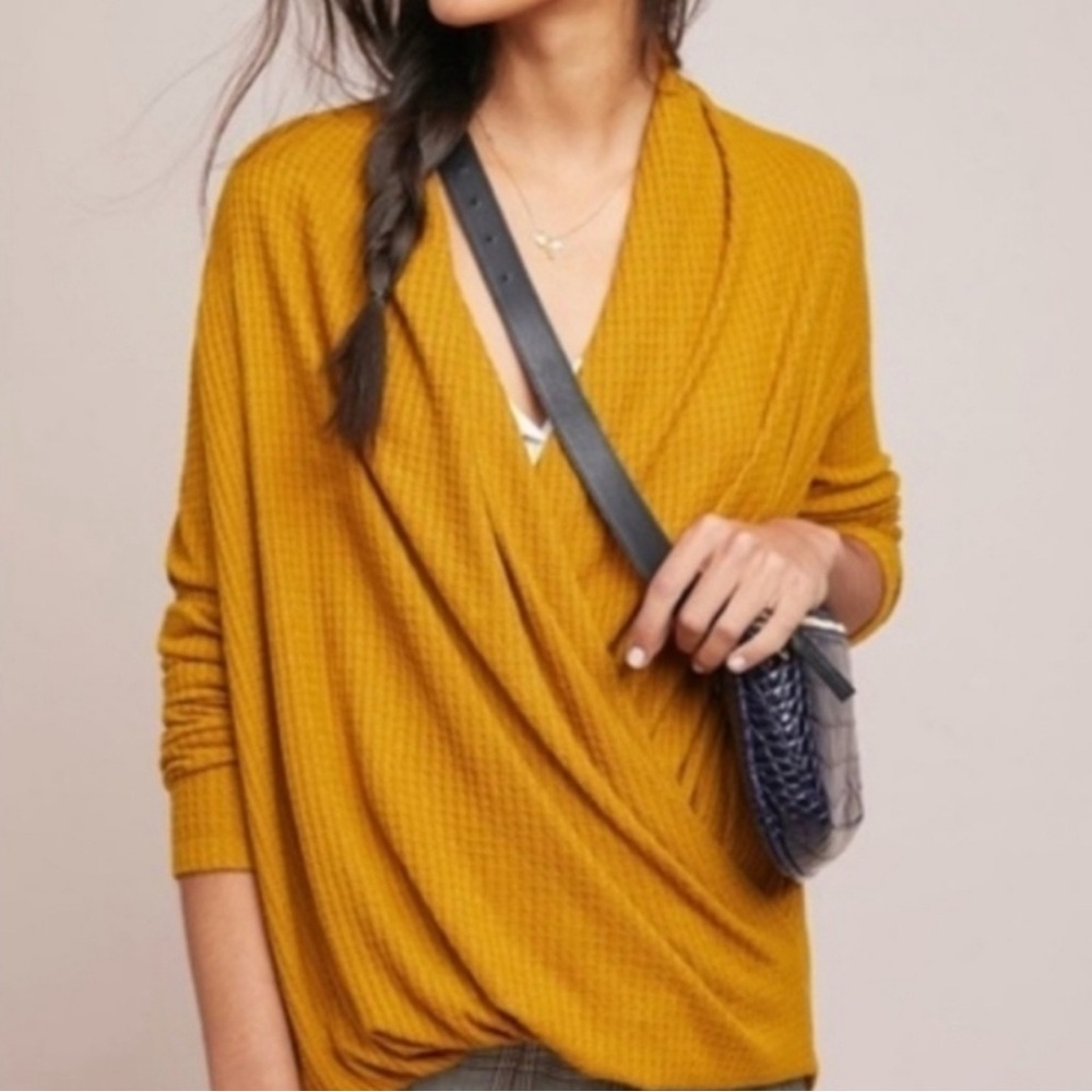 Anthropologie Akemi + Kim Mustard Yellow Long Sleeve Shirt Top Wrap Sweater XS